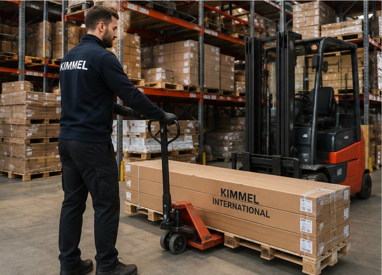Kimmel Hub çalışanı depoda mobilya paketleriyle dolu paleti taşıyor