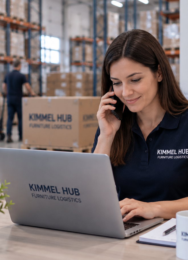 Hungarian customer-service colleague on the phone in the furniture warehouse