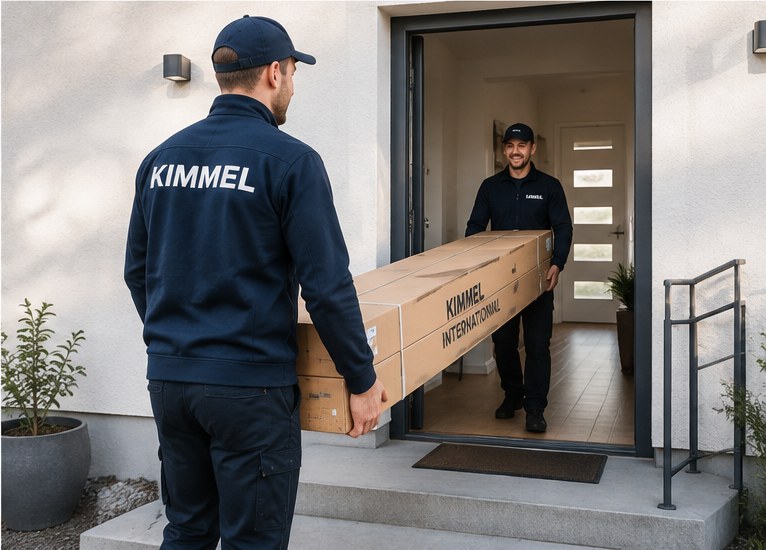 Kimmel Hub kuryesi müşterinin kapısında Kimmel logolu mobilya paketini teslim ediyor